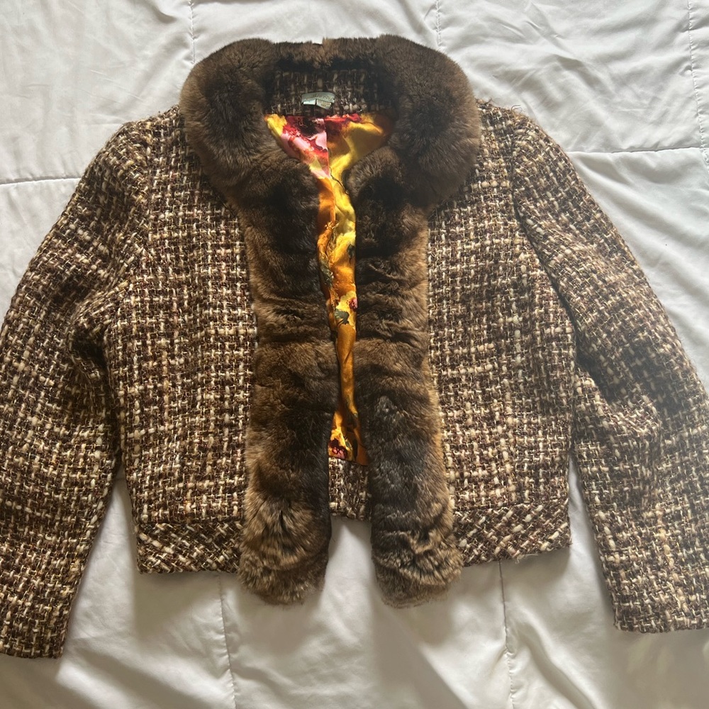 Vintage Cynthia Rose tweeted blazer jacket with mink fur trim.